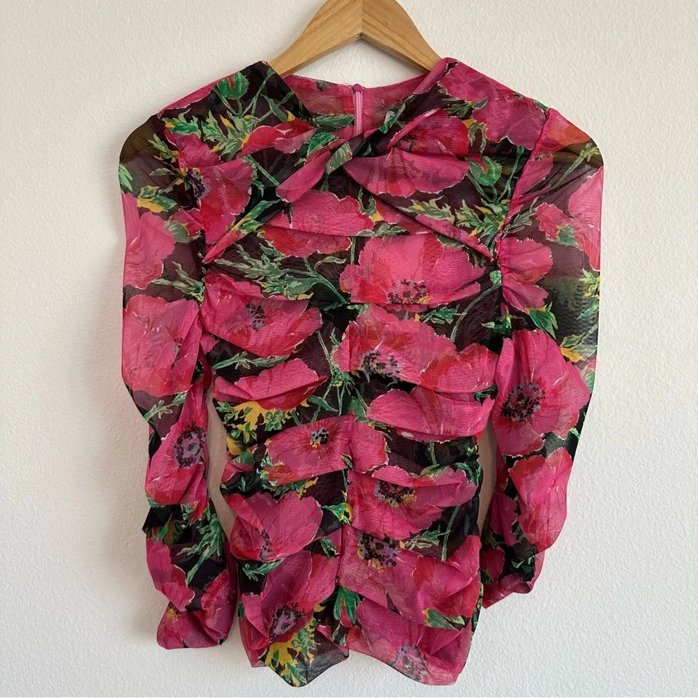 Zara Pink Floral Ruched Mesh Top